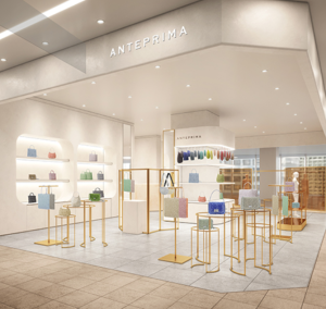 アンテプリマ渋谷スクランブルスクエア店。流行最先端のカラフルなワイヤーバッグが陳列されたお店の画像です。