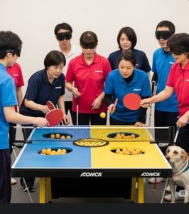 視覚障害者が集まってサウンドテーブルテニスを楽しんでいる画像です。