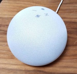 音声により様々な情報を取得したり家電を操作したり出来る、AI機能が備わった「アマゾン・アレクサ」白い球体のスマートスピーカーの画像です。