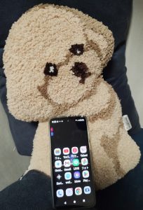 トイプードルのクッションと視覚障害者(弱視)用に設定したアンドロイドスマホの画像です。