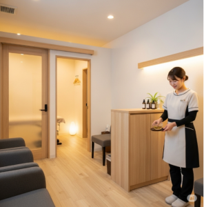 針灸マッサージ治療院の受付の画像で若い女性がお茶を患者さんに提供している画像です。