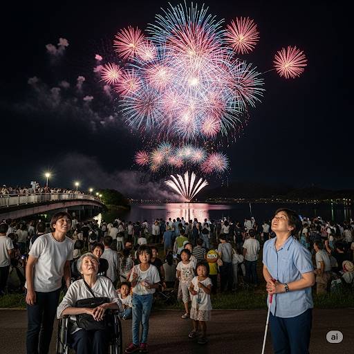 2025年真夏の夜の花火大会 たくさんの方が打ち上げ花火を観賞している中に車椅子や白杖使用の障害者の方も含まれている画像です。
