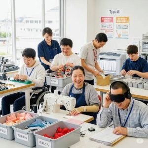 就労支援B型事業所にて様々な障害を持った方が笑顔で作業をしている画像です。