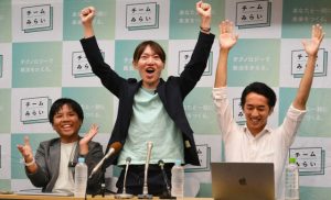 参議院選挙に新党「チームみらい」で出馬し当選した際の安野貴博代表が万歳をしている画像です。