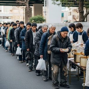 生活困窮者がカレーの配給を受ける為行列に並んでいる画像です。
