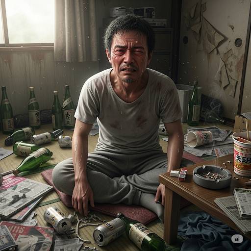 アルコール依存症が原因で仕事が出来なくなりすさんだ生活でゴミ屋敷となり生活苦でアルコールに侵されて苦しんでいる男性の画像です。