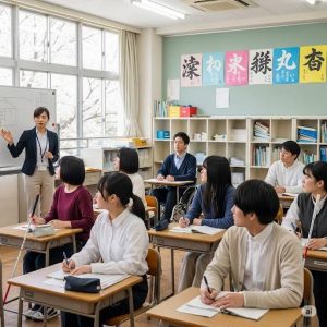 学校の授業風景で、女性の教師が視覚障害者や車椅子利用者を含めた様々な生徒たちに授業を行っている風景です。インクルーシブ教育の画像。