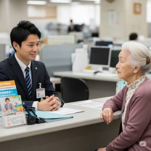 年金事務所にて白髪の高齢女性が相談をしている画像です。