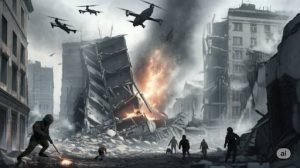 戦争により空爆やドローン攻撃にてビルが破壊され逃げ惑う人達のイメージ画像をAIで生成したものです。