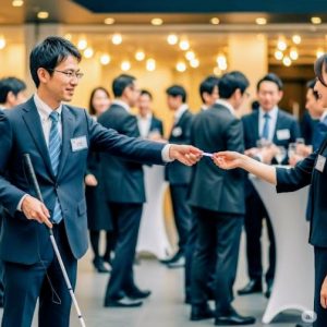 ベンチャー起業家、ビジネスマッチングにて視覚障害者男性社長が白杖を持ち、交流の為に名刺交換をしている画像です。