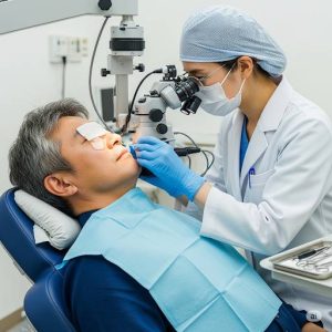 経験の浅い女性医師が眼科クリニックを開業し50代男性に白内障の手術をしているAIが生成したイメージ画像です。