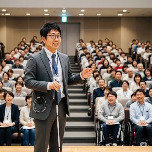 白杖使用している視覚障害者の障害福祉経営コンサルタントが大勢の前で講義をしているイメージ画像をAIで生成したものです。