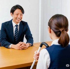 女性の視覚障害者が、男性の障害福祉コンサルタントに就労や生活に関して相談をしている画像です。