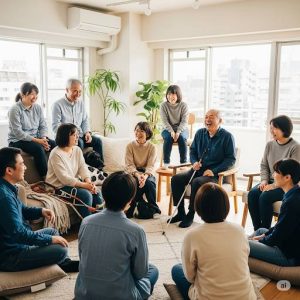 視覚障害者グループホームの談話室で様々な年齢層の男女の入居者が笑顔で会話をしている画像です。