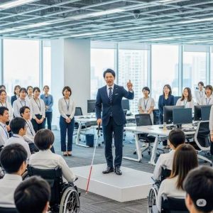 男性視覚障害者社長が白杖を持ち壇上から社員に熱弁を奮っている画像です。スタッフの中には大勢の障害をお持ちの方も働き、話を聞いています。