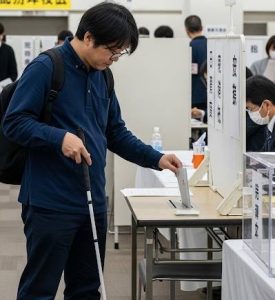 男性の視覚障害者が白杖を使用し選挙へ行き、投票をしているAIで生成された画像です。