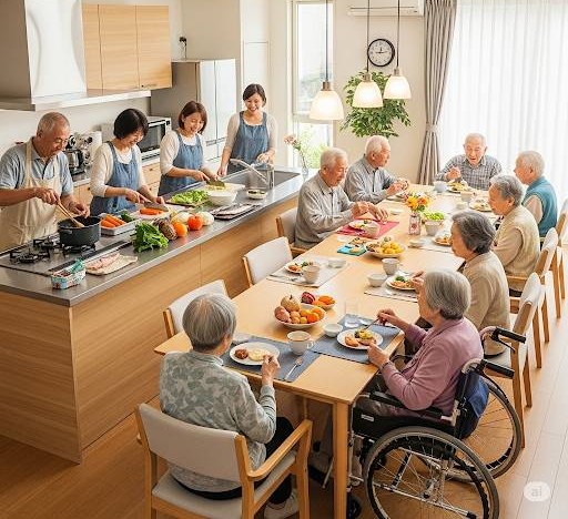高齢者シェアハウスのキッチン・ダイニングで、男女の入居者が一緒に料理を作り笑顔で歓談をしながら食事をとっている画像です。