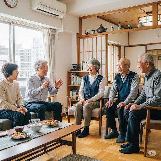 都会にある高齢者を対象とした賃貸物件「高齢者シェアハウス」。リビングで高齢者が笑顔で交流をしている画像です。