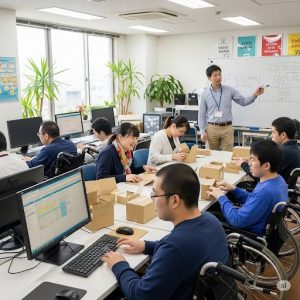 障害者就労支援B型事業所で作業をしているイメージ画像をAIで生成した画像です。