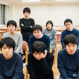 障害者施設で重大な問題が発生し、たくさんの入所者が怒っている画像です。