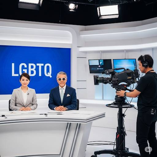 日本のテレビ局収録現場、LGBTQ社会課題に関してのテーマで、女性のキャスターと視覚障害者の福祉団体代表がコメントをしている画像です。