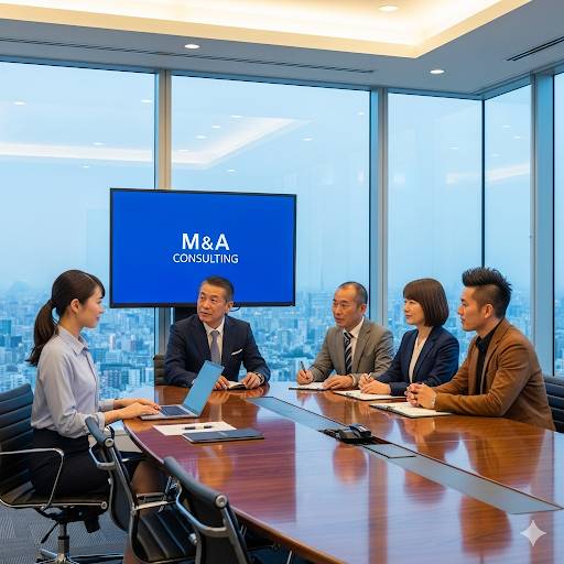 都会のオフィスビル会議室、経営コンサルタントがM＆Aの仲介を女性経営者に提案している画像です。