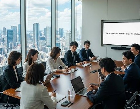 都心部の高層ビジネスビルの会議室で、専門的な知識のある派遣スタッフがコンサルタントに関する会議をしている画像です。大きなガラス窓の外は、近隣の高層ビルが連なって見える美しい景色です。