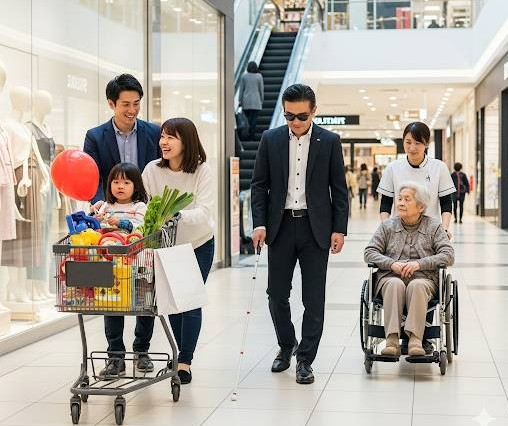 大手ショッピングモール内で、小さなお子様がいるご夫婦、視覚障害者の男性、福祉の方と一緒に来ている車椅子の方などが、モール内を見て歩いている画像です。