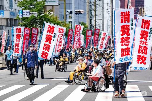 政治に関する抗議活動「消費税廃止」「積極財政推進」健常者に交じって障害者もデモに参加している写真を、AIで生成したイメージ画像です。