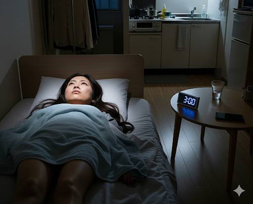 深夜の寝室ベットの上で仰向けになり寝ているものの、不眠症で眠れず目を開けて苦悩している女性の姿をイメージした画像です。