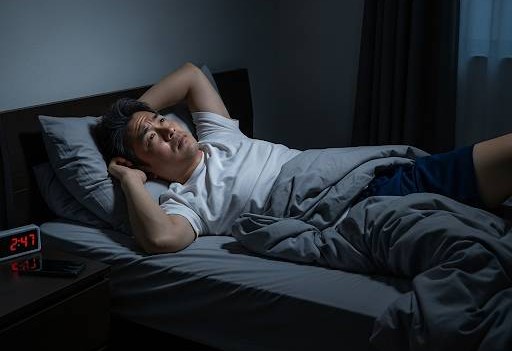 寝室のベットに上向きになりながら頭の上で腕を組み、眠れなくて不眠症に悩んでいる男性のイメージ画像です。