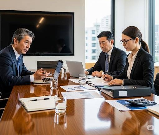 債務超過に陥った会社経営者が、倒産廃業相談室にてコンサルタントと弁護士からヒアリングを受けている画像です。