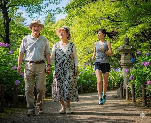 日本の夏の公園で、高齢夫婦が手を繋いで歩いている姿と、若い女性がジョギングをしている姿をイメージした画像です。
