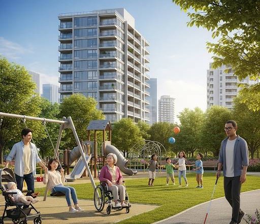 近代的な大規模マンションの近くの公園で、様々なファミリーが楽しんでいる画像です。