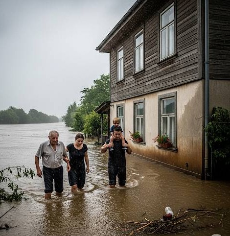 異常気象の影響で大雨が降り、河川が氾濫し自宅が浸水、避難する家族の画像です。
