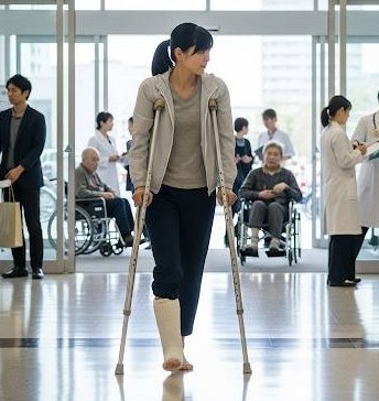 足を骨折した女性が、病院へ松葉杖をついて通院している画像です。