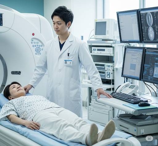 女性の方が病院で、CTスキャン検査を放射線技師の指示に従い撮影している画像です。