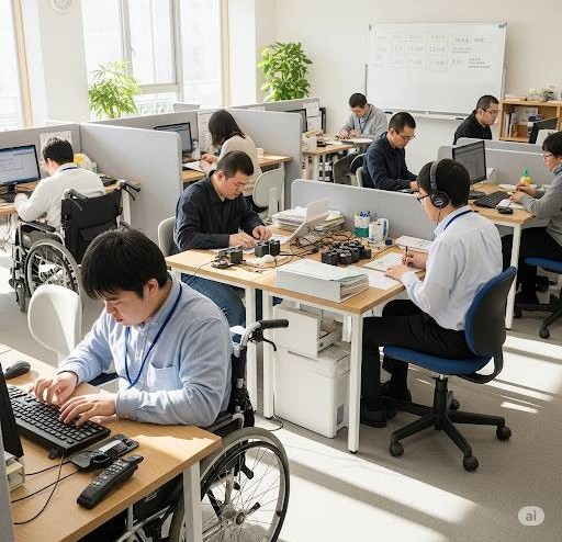就労支援A型事業所で約10名の障害者の方が軽作業にあたっている作業風景の画像です。