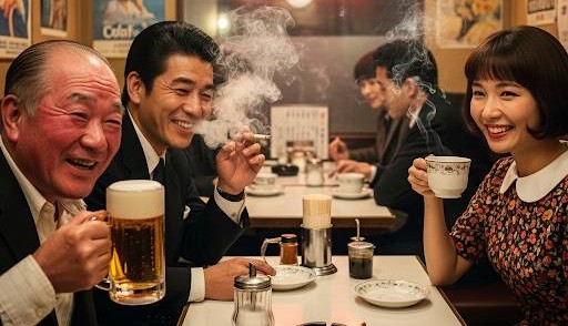 居酒屋で3人の男女がタバコ・お酒・コーヒーを笑顔でたしなんでいる画像です。
