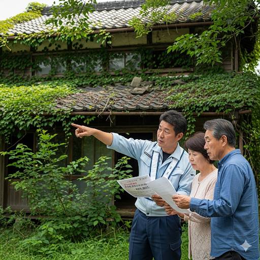 老朽化日本家屋の前で、作業着を着た解体業者から、家の所有者夫婦が解体作業の見積もり説明を受けている画像です。