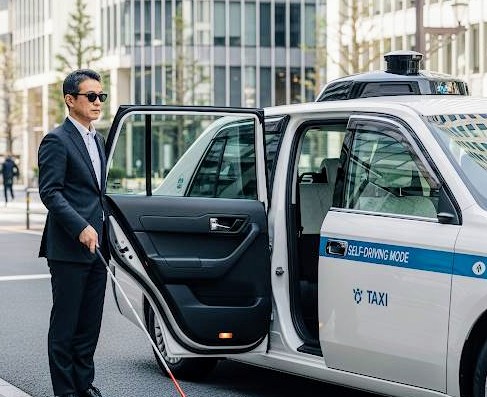 未来型自動運転白色の無人タクシーに、視覚障害者の男性が白杖を持て乗り込もうとしている画像です。