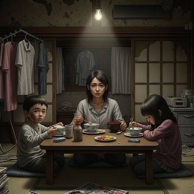 日本の老朽化木造アパートで、母子家庭の家族が貧困に苦しんで、質素な食事を悲しみながらとっている、AIが生成したイメージ画像です。