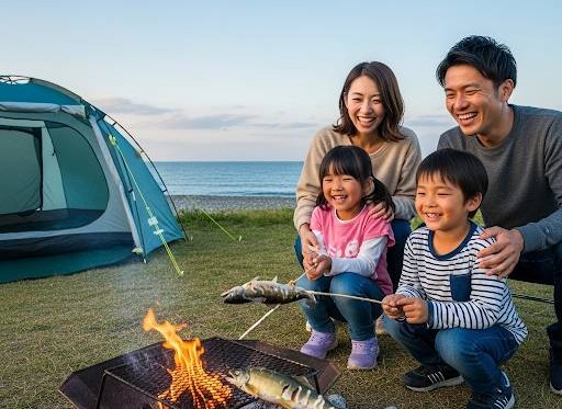 海辺のキャンプ場でテントを張り、家族が焚火をして串刺しの鮎を焼きながら、笑顔で会話をしている画像です。