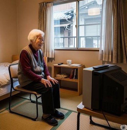 無料低額宿泊所の個室で、生活保護を申請中の白髪女性高齢者が、テレビを見てくつろいでいる画像です。