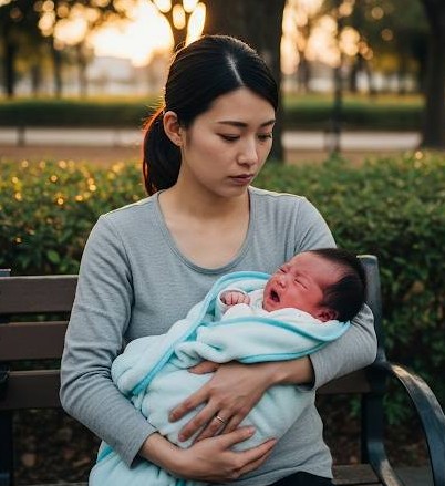公園で若いお母さんが産まれたばかりの赤ちゃんを腕に抱いて見つめ、重く悩んでいるイメージ画像です。