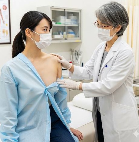 産婦人科で女性の医師から乳がん検診を受けている医療的な画像をAIで生成したものです。