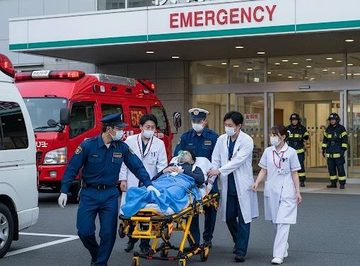 男性が救急車で救急搬送され、ストレッチャーに乗り救急病院へ移動している画像です。