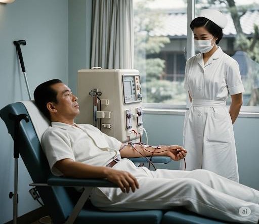 男性患者が定期通院し看護師に見守られながら人工透析を受けている画像です。