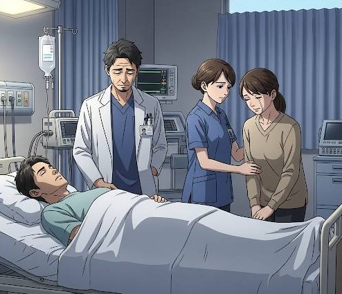 病室で医師、看護師、家族に看取られているイメージのイラスト画像です。家族は悲しんでいます。