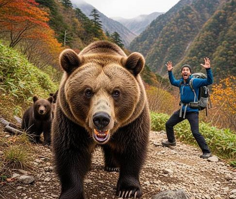 登山をしている人を、親子連れの熊が子熊を守ろうとして人を威嚇している画像です。